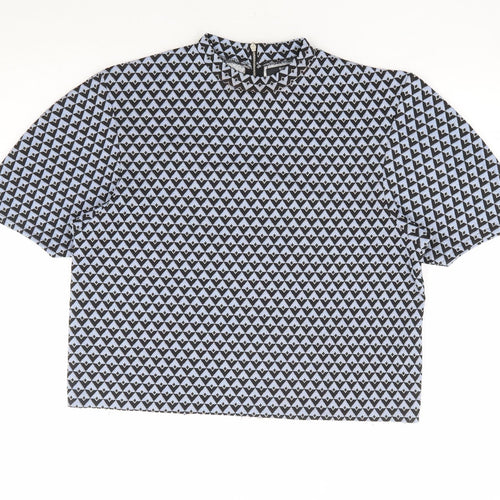 Bershka Womens Blue Geometric Polyester Basic T-Shirt Size M Mock Neck