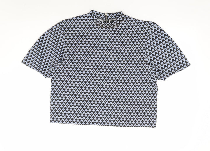 Bershka Womens Blue Geometric Polyester Basic T-Shirt Size M Mock Neck