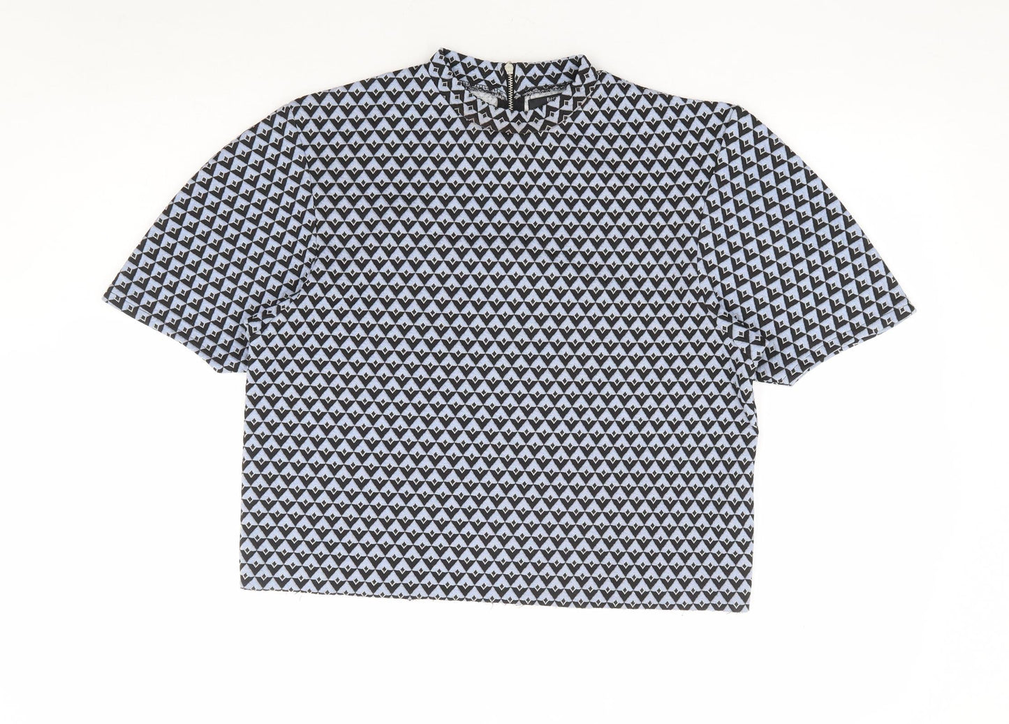 Bershka Womens Blue Geometric Polyester Basic T-Shirt Size M Mock Neck