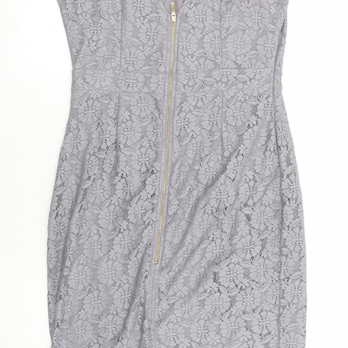 Dorothy Perkins Womens Grey Floral Polyester Pencil Dress Size 14 Round Neck Zip