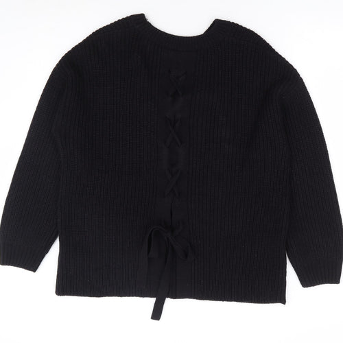 Dorothy Perkins Womens Black Round Neck Acrylic Pullover Jumper Size 14 - Tie Back Detail