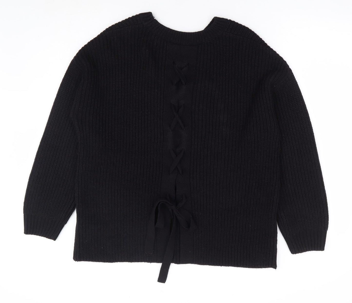 Dorothy Perkins Womens Black Round Neck Acrylic Pullover Jumper Size 14 - Tie Back Detail