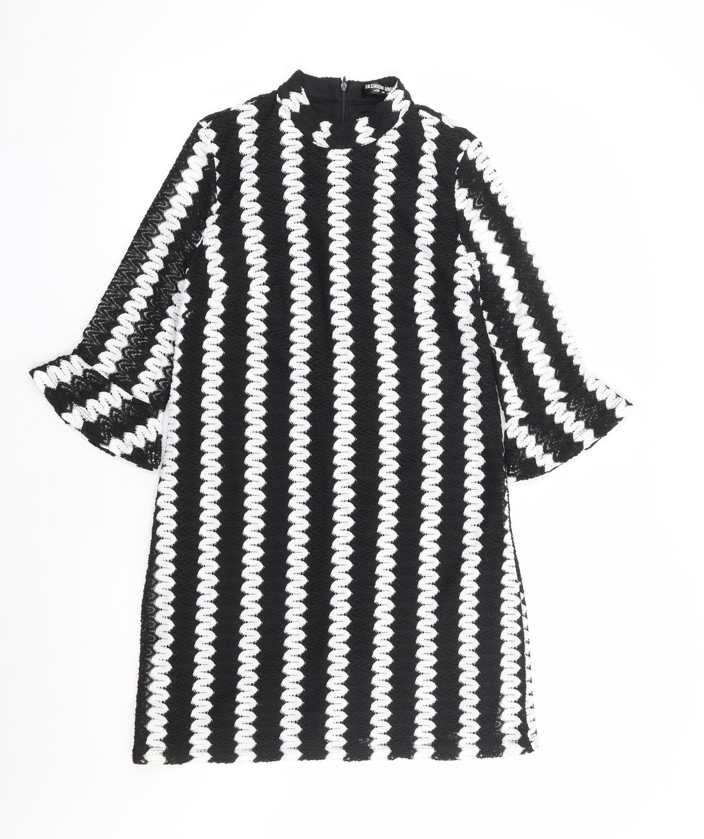 Fashion Union Womens Black Striped Viscose Shift Size 8 Mock Neck Zip