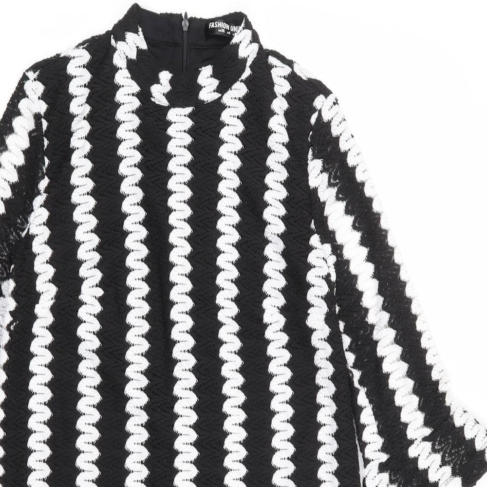 Fashion Union Womens Black Striped Viscose Shift Size 8 Mock Neck Zip