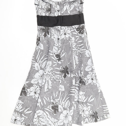 Preworn Womens Silver Floral Polyester Fit & Flare Size 8 Off the Shoulder Zip