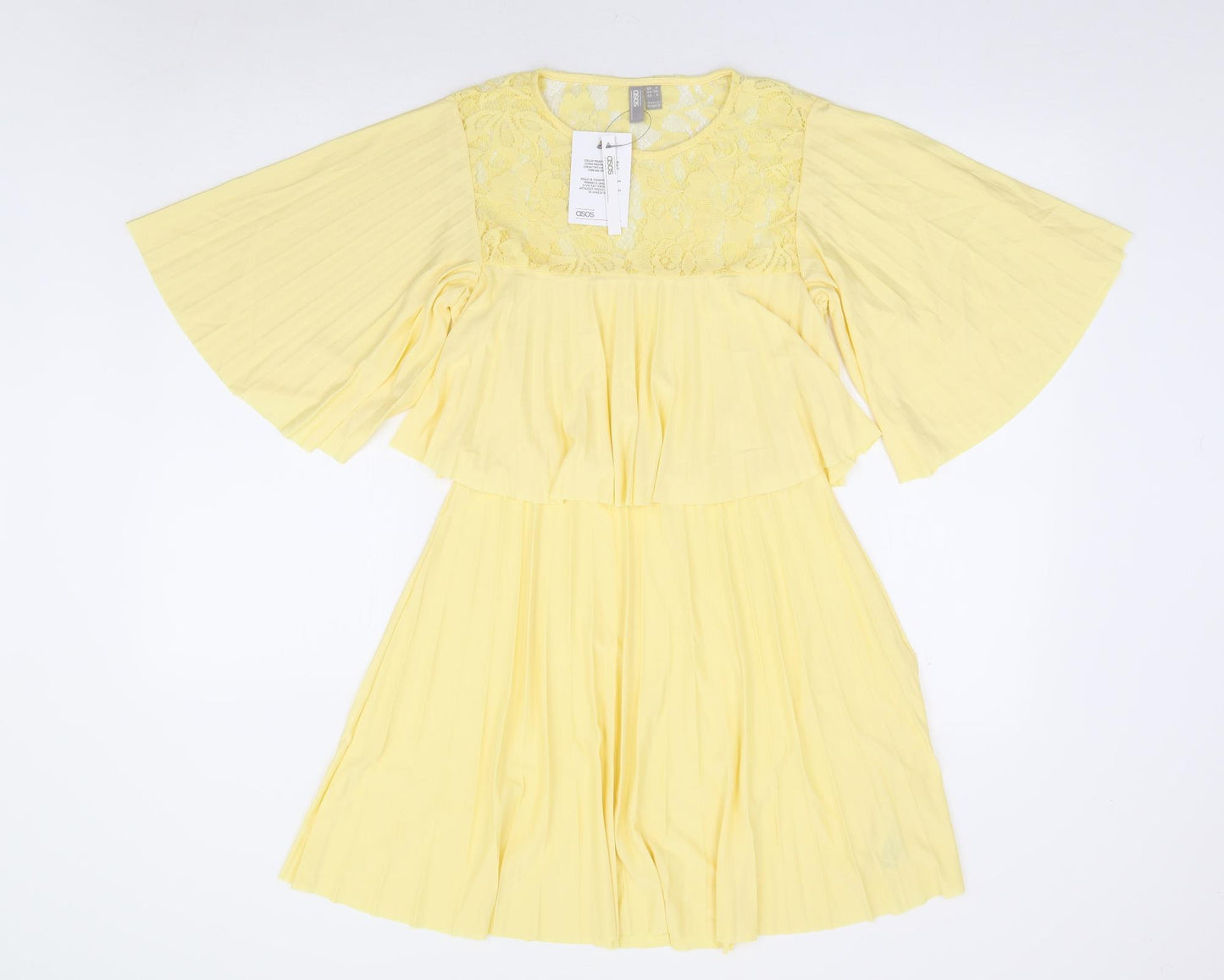 ASOS Womens Yellow Polyester Fit & Flare Size 8 Round Neck Pullover - Angel Sleeve Overlay