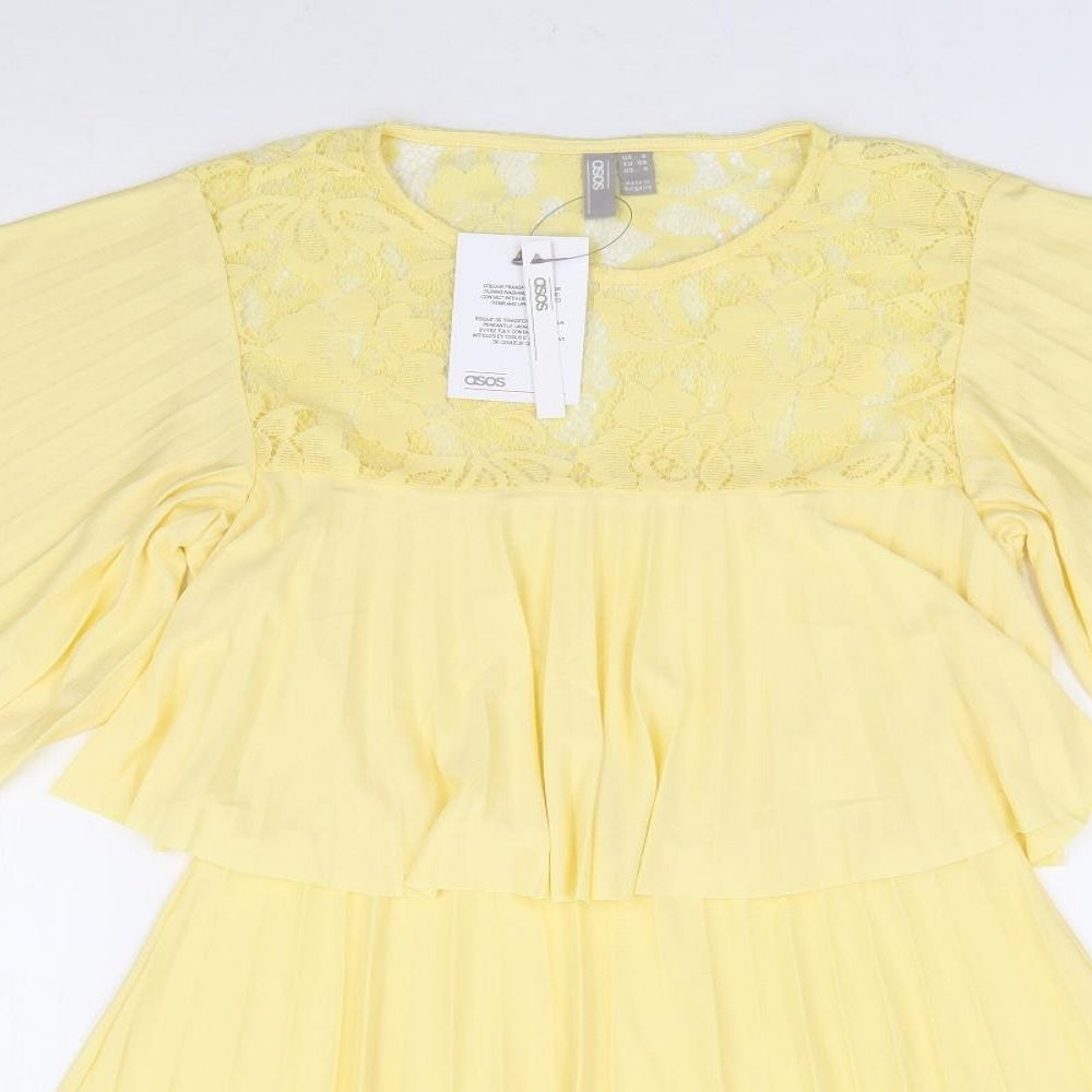 ASOS Womens Yellow Polyester Fit & Flare Size 8 Round Neck Pullover - Angel Sleeve Overlay