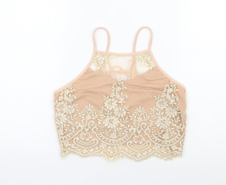 River Island Womens Beige Floral Polyester Cropped Tank Size 10 Square Neck - Corset Tie Back