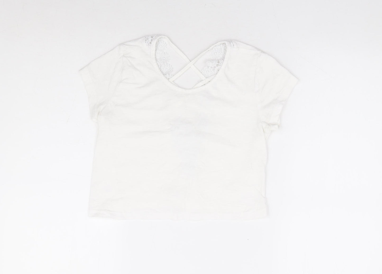 Preworn Womens White Polyester Cropped T-Shirt Size XS Scoop Neck - Cross Back