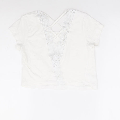 Preworn Womens White Polyester Cropped T-Shirt Size XS Scoop Neck - Cross Back