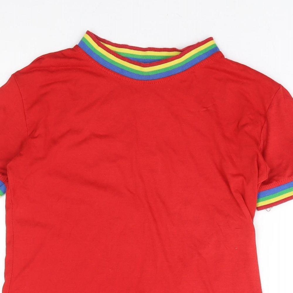 Daisy Street Womens Red Polyester Ringer T-Shirt Size 6 Round Neck - Rainbow Trim