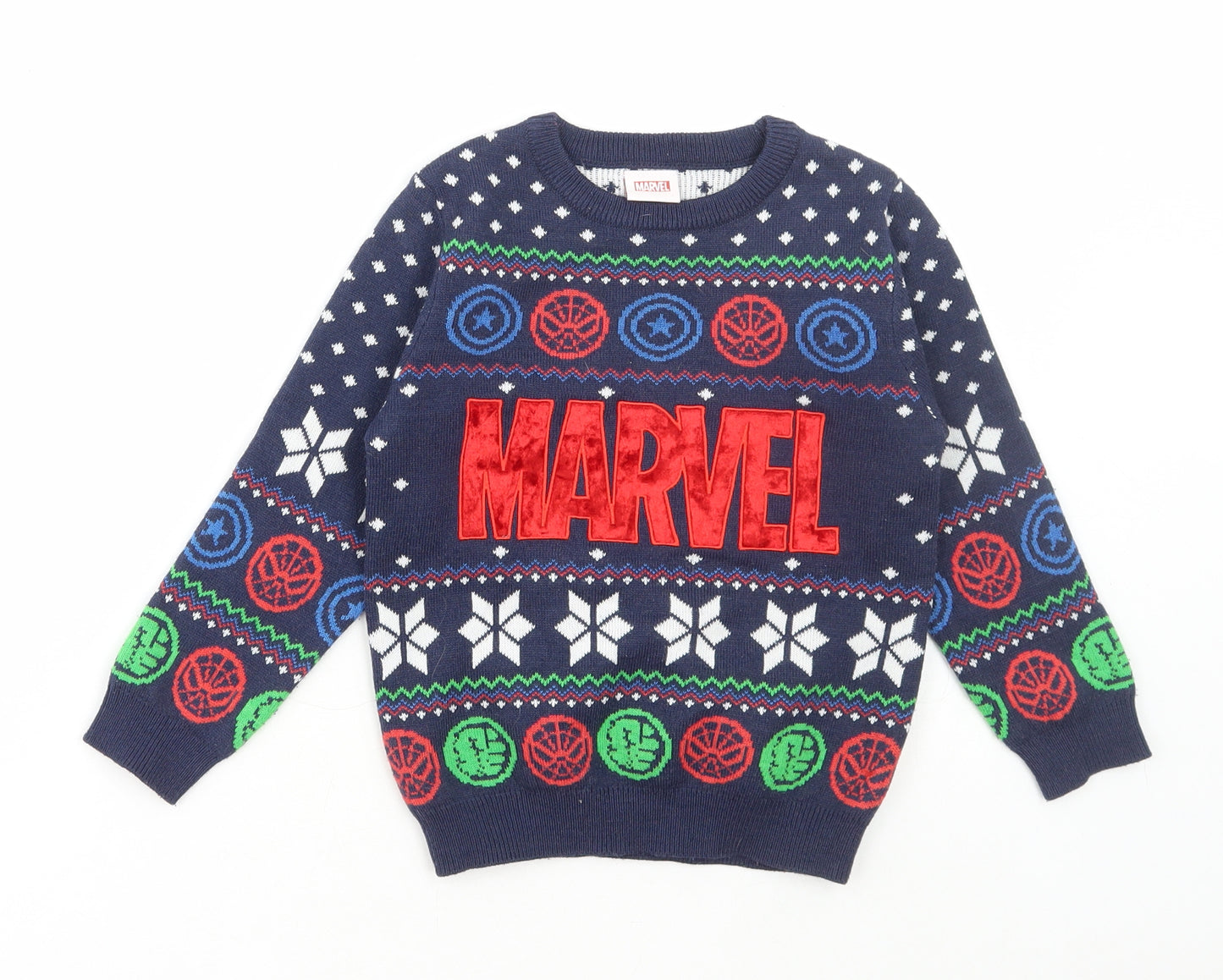 Marvel Boys Blue Round Neck Fair Isle Polyester Pullover Jumper Size 4-5 Years Pullover - Christmas Marvel