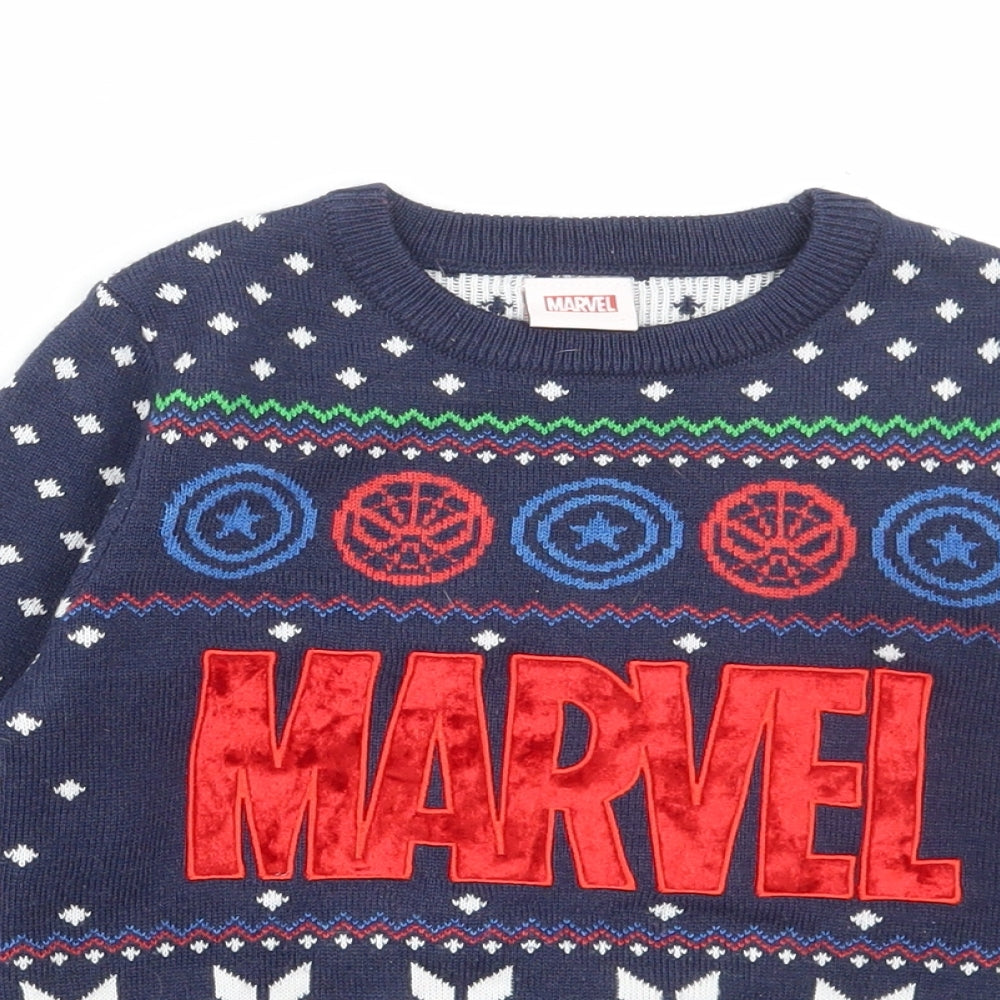 Marvel Boys Blue Round Neck Fair Isle Polyester Pullover Jumper Size 4-5 Years Pullover - Christmas Marvel