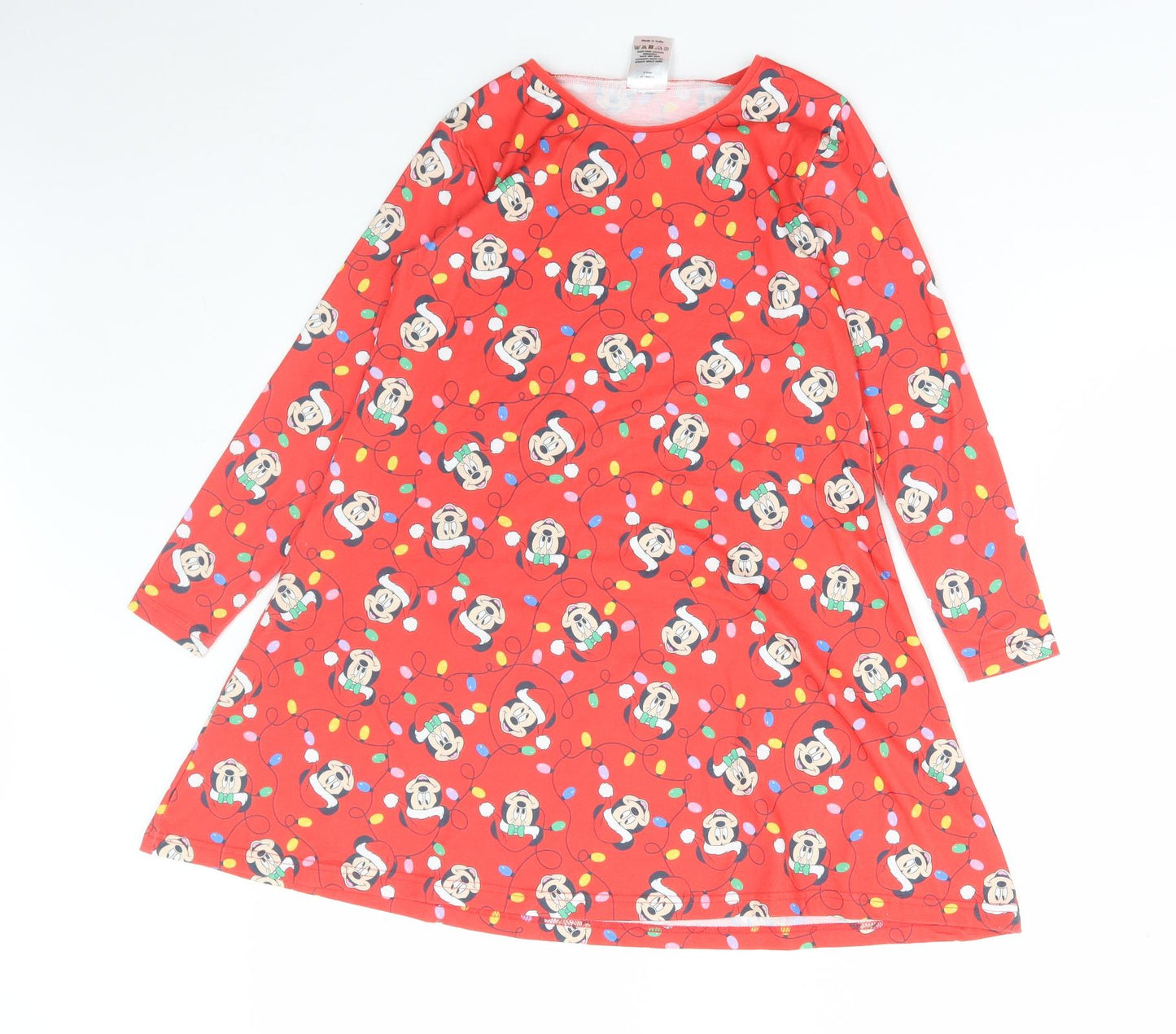 Disney Girls Red Geometric Polyester A-Line Size 8-9 Years Round Neck Pullover - Christmas Mickey mouse