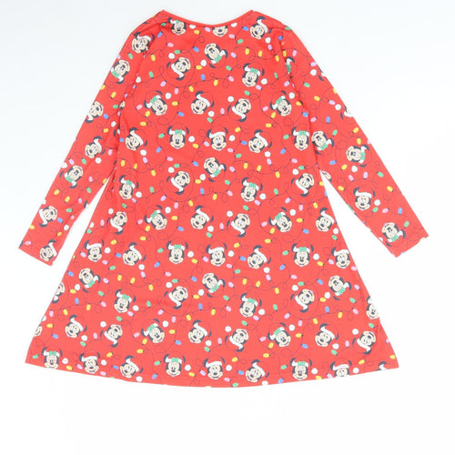 Disney Girls Red Geometric Polyester A-Line Size 8-9 Years Round Neck Pullover - Christmas Mickey mouse