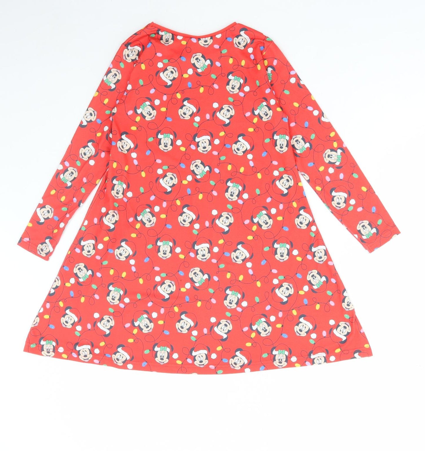 Disney Girls Red Geometric Polyester A-Line Size 8-9 Years Round Neck Pullover - Christmas Mickey mouse