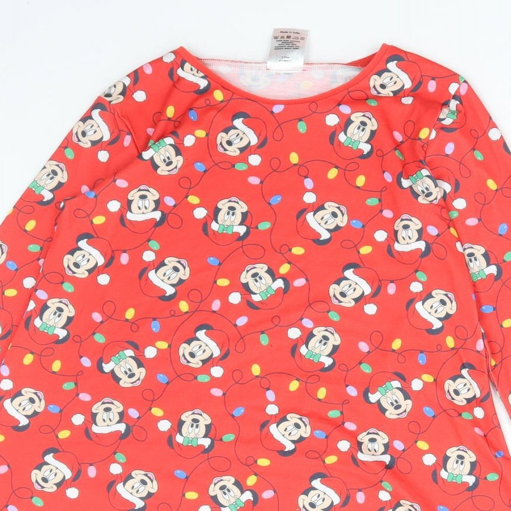 Disney Girls Red Geometric Polyester A-Line Size 8-9 Years Round Neck Pullover - Christmas Mickey mouse