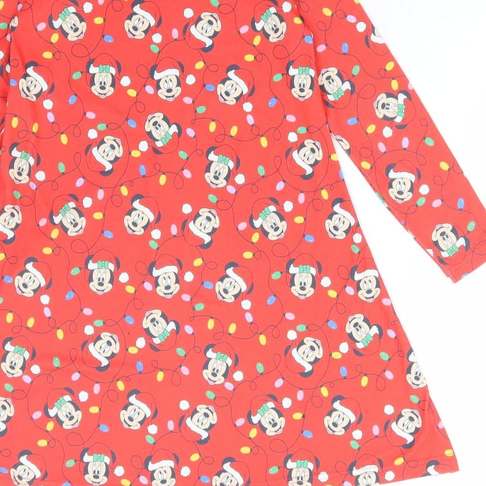 Disney Girls Red Geometric Polyester A-Line Size 8-9 Years Round Neck Pullover - Christmas Mickey mouse