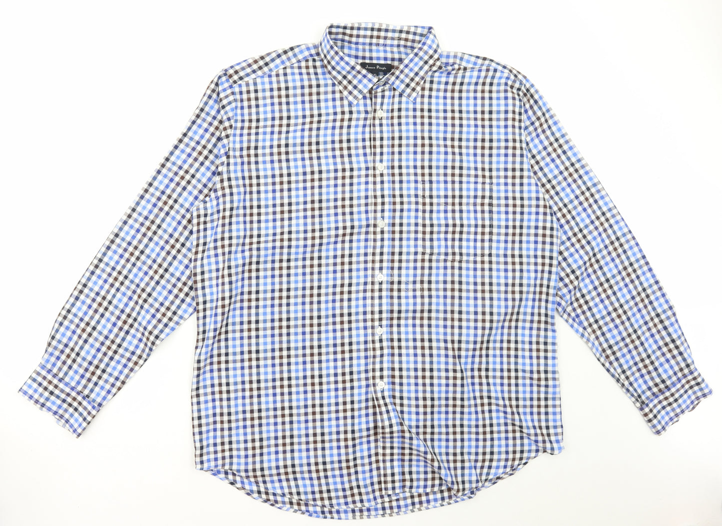 EWM Mens Blue Check Polyester Button-Up Size XL Collared Button