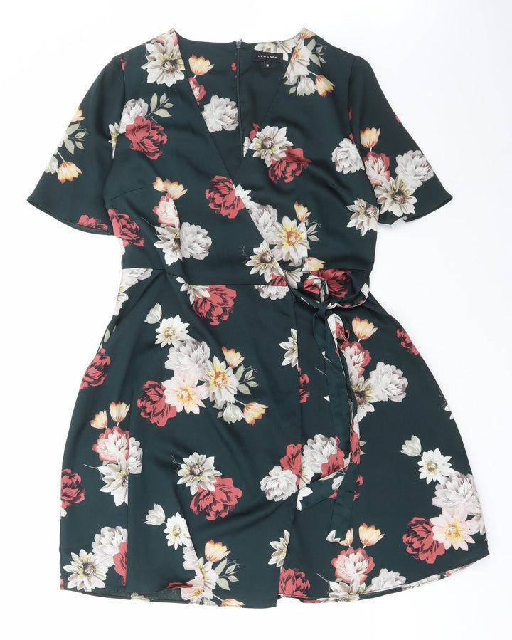 New Look Womens Multicoloured Floral Polyester Fit & Flare Size 10 V-Neck Zip