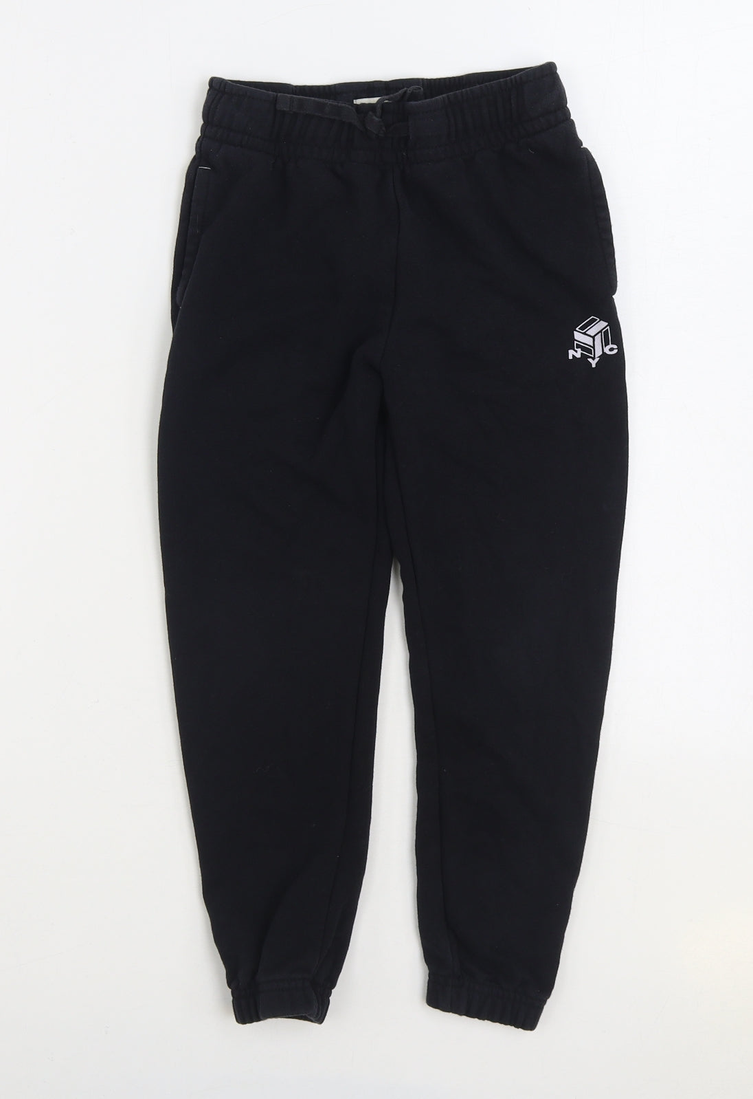 F&F Boys Black Cotton Jogger Trousers Size 7-8 Years Regular Drawstring - NYC