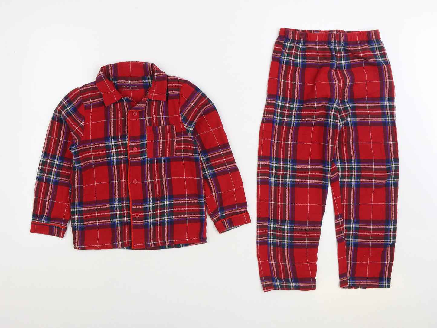 Primark Girls Red Plaid Cotton Top Pyjama Set Size 7-8 Years Button