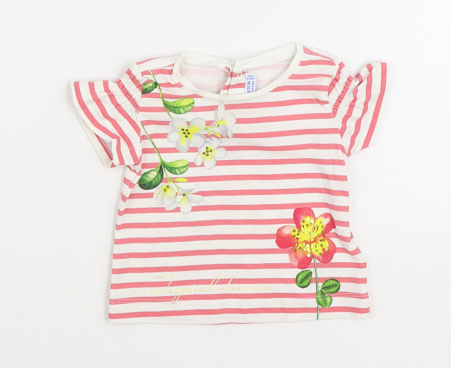 Mayoral Girls Pink Striped Cotton Basic T-Shirt Size 12 Months Round Neck Button