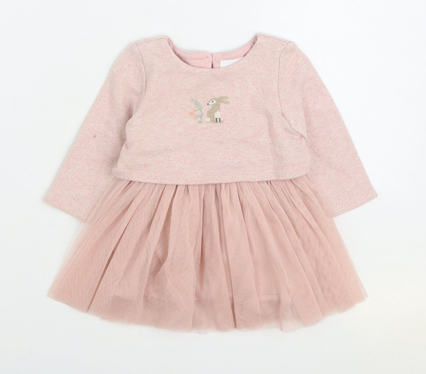 NEXT Girls Pink Cotton Jumper Dress Size 3-6 Months Round Neck Button - Rabbit Tu-Tu