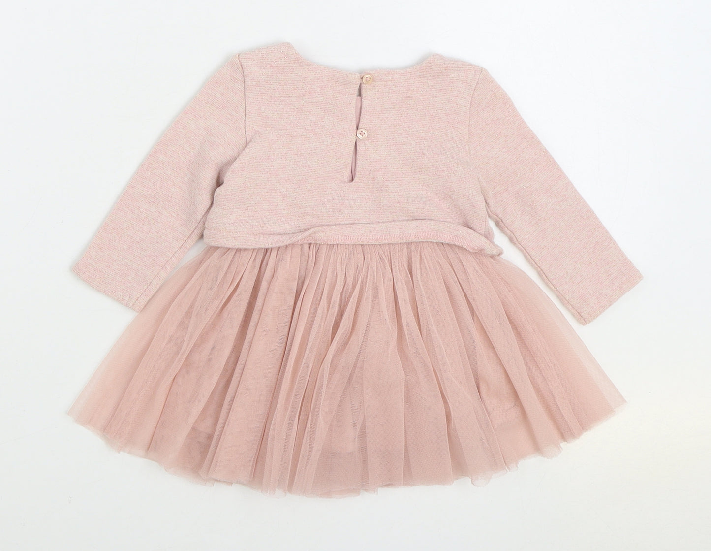 NEXT Girls Pink Cotton Jumper Dress Size 3-6 Months Round Neck Button - Rabbit Tu-Tu