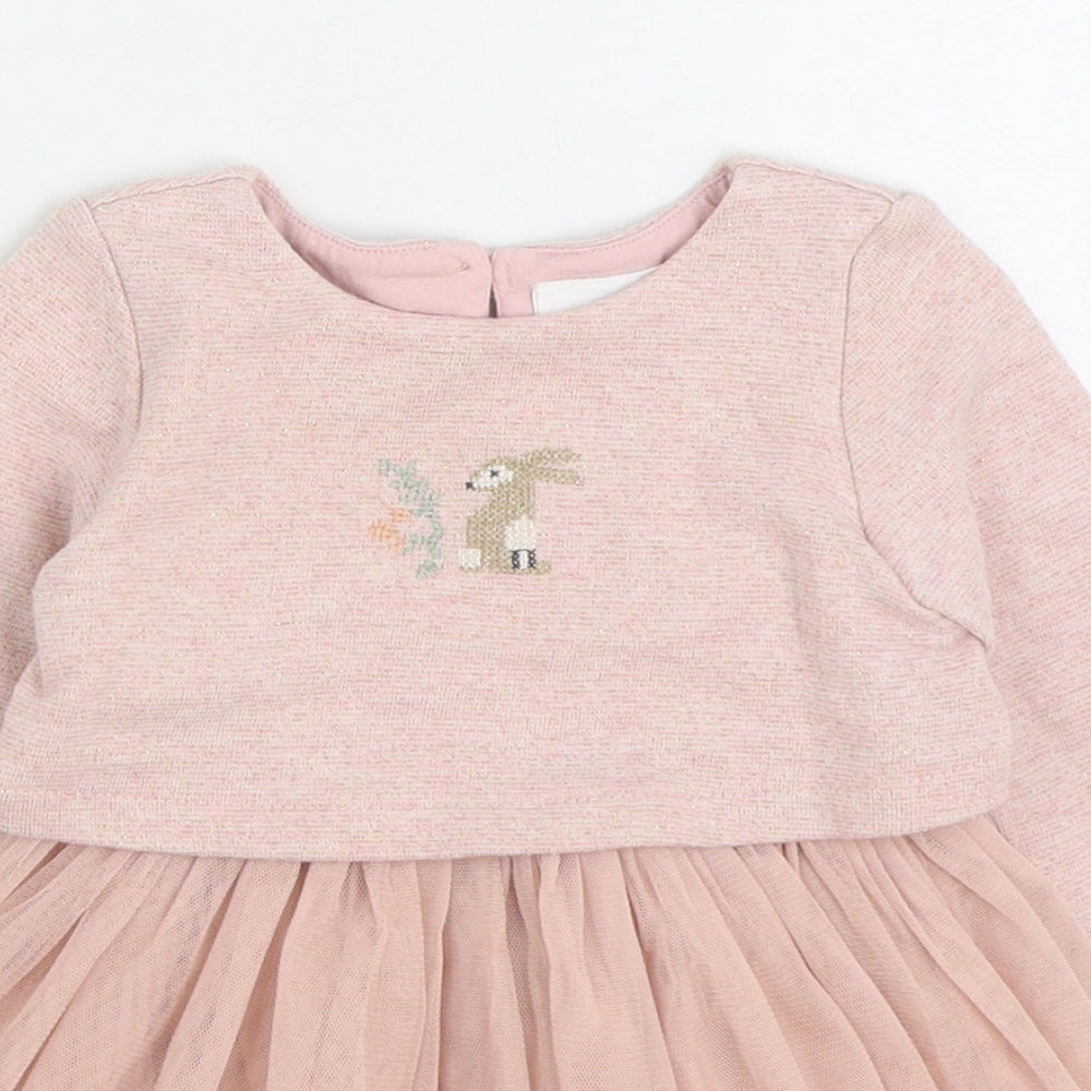 NEXT Girls Pink Cotton Jumper Dress Size 3-6 Months Round Neck Button - Rabbit Tu-Tu