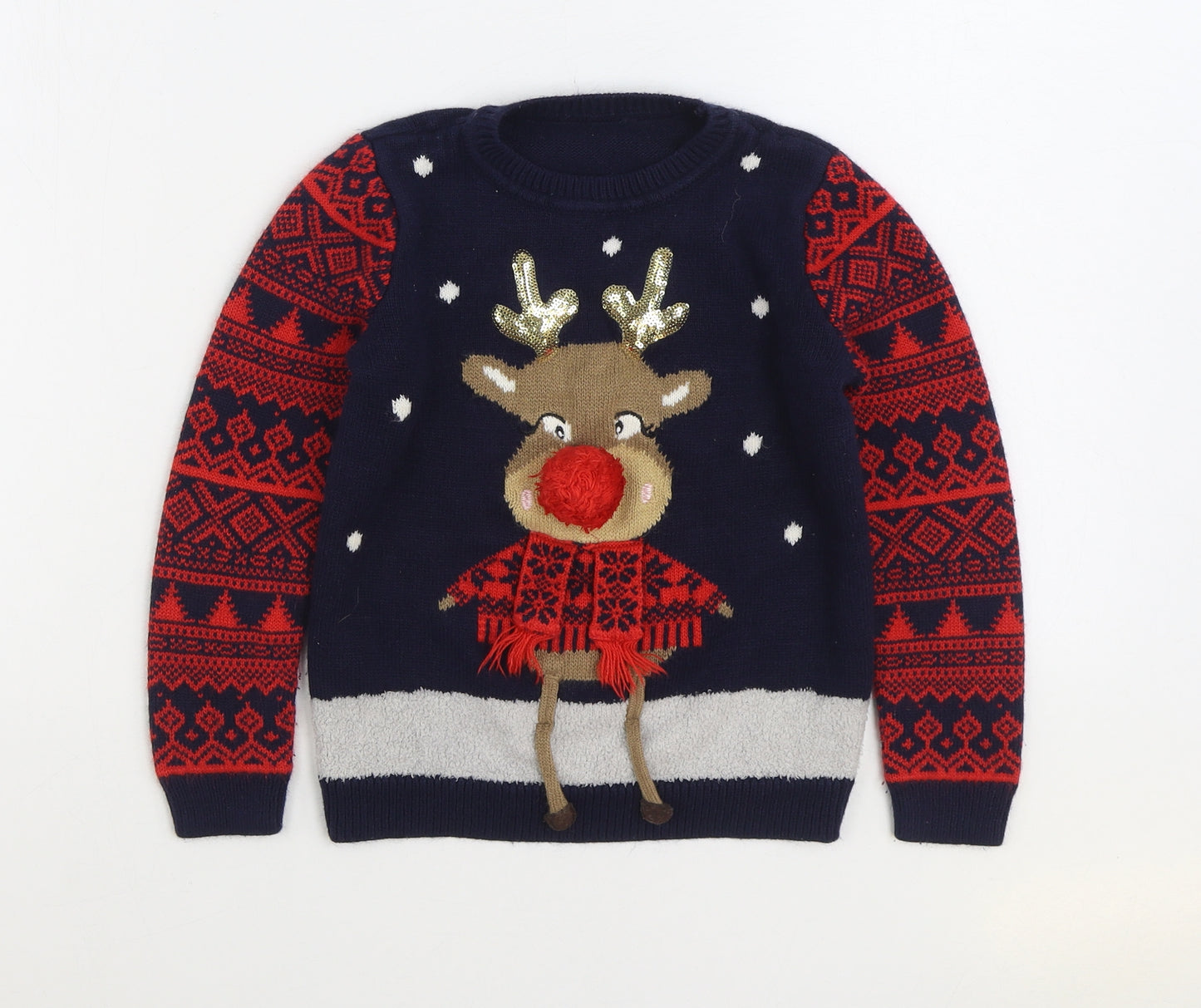 Dunnes Stores Girls Multicoloured Round Neck Geometric Acrylic Pullover Jumper Size 6-7 Years Pullover - Christmas Reindeer