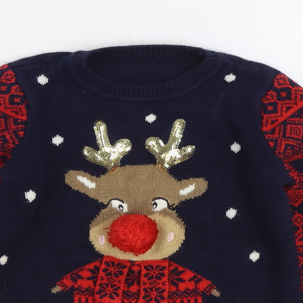 Dunnes Stores Girls Multicoloured Round Neck Geometric Acrylic Pullover Jumper Size 6-7 Years Pullover - Christmas Reindeer