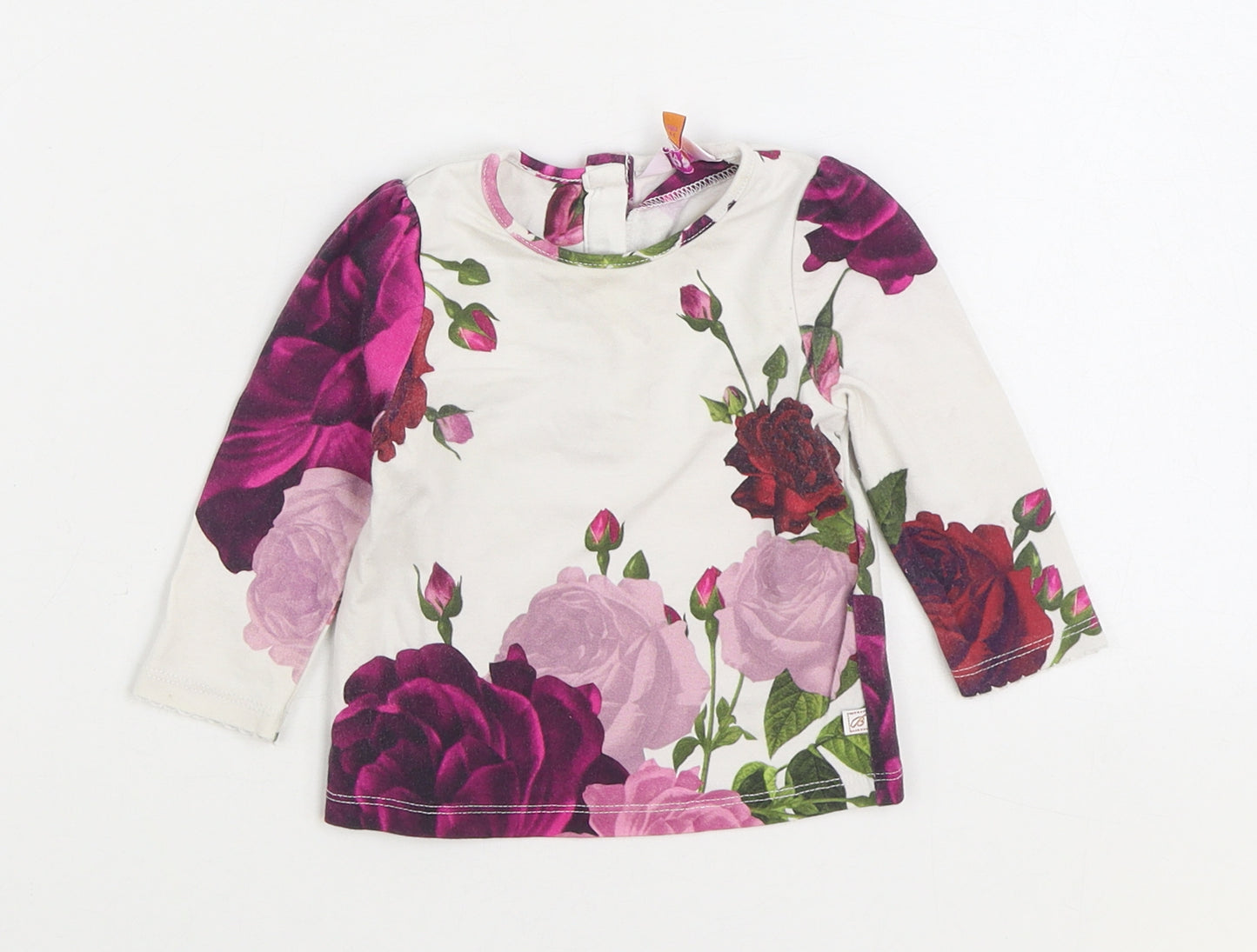 Ted Baker Girls Multicoloured Floral Cotton Basic T-Shirt Size 3-6 Months Round Neck Button