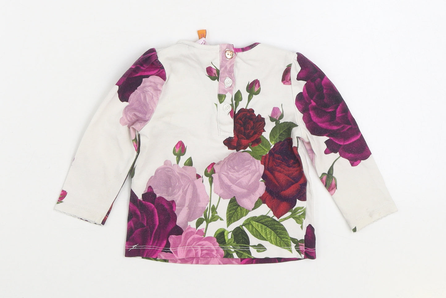 Ted Baker Girls Multicoloured Floral Cotton Basic T-Shirt Size 3-6 Months Round Neck Button