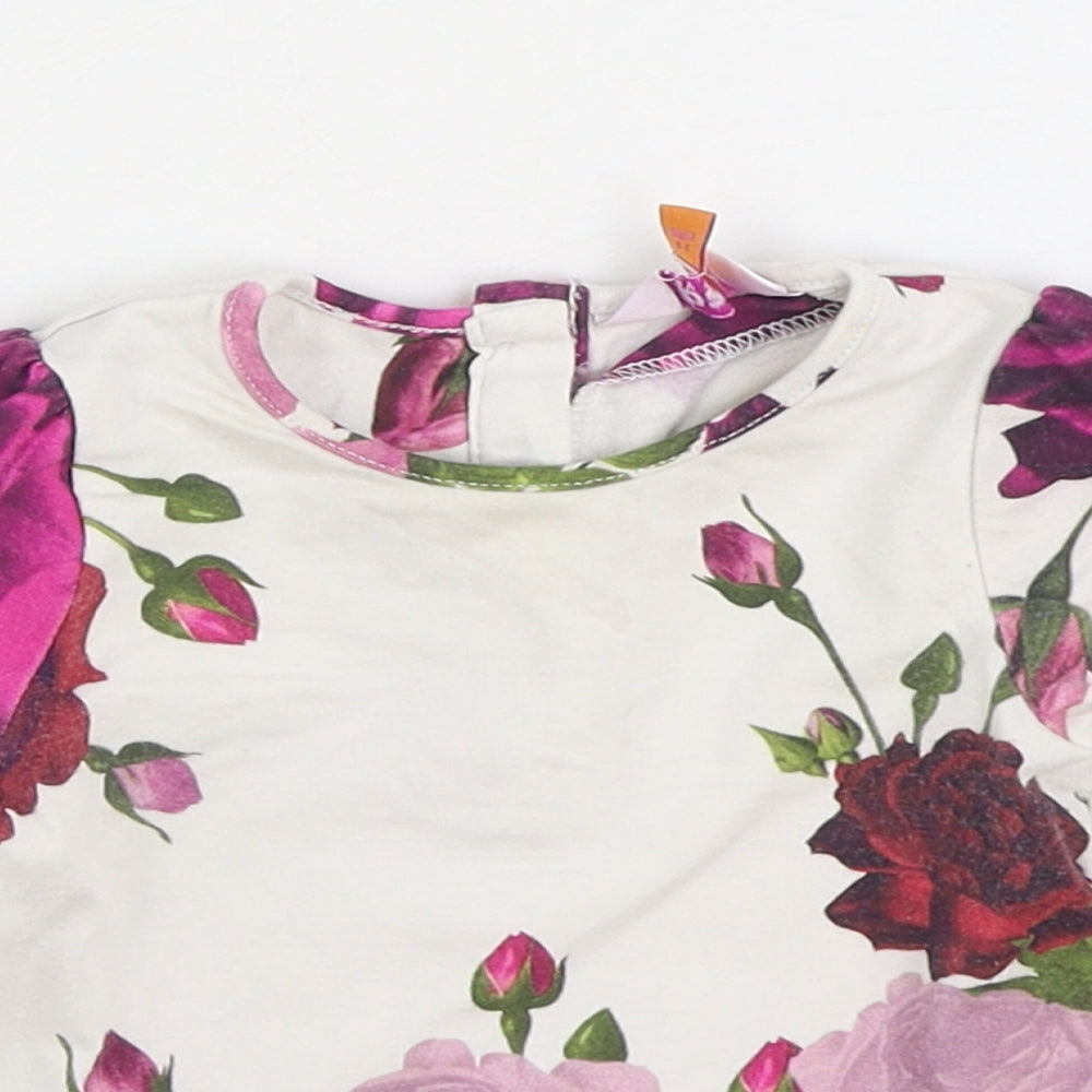Ted Baker Girls Multicoloured Floral Cotton Basic T-Shirt Size 3-6 Months Round Neck Button