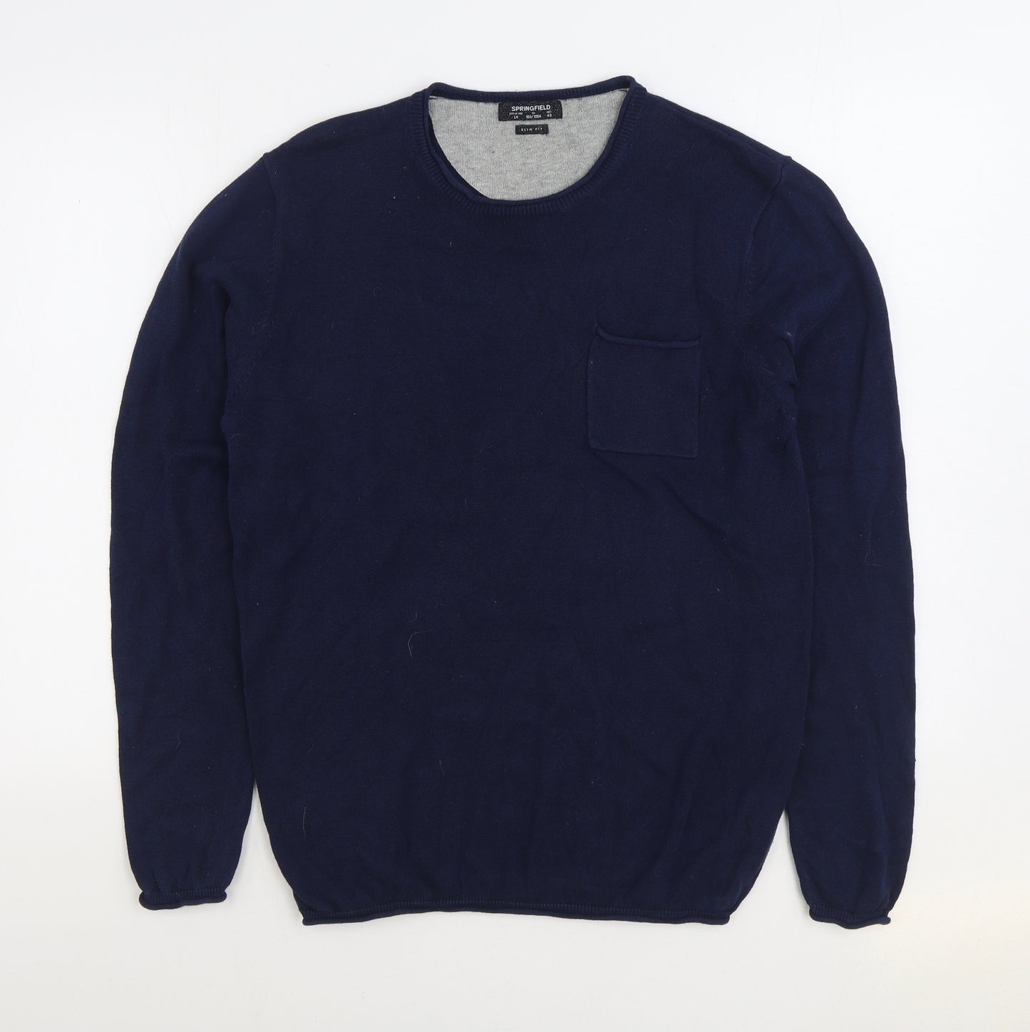 Springfield Mens Blue Round Neck Cotton Pullover Jumper Size L
