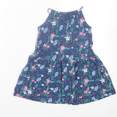 Little Kids Girls Blue Floral Cotton A-Line Size 3-4 Years Square Neck Pullover