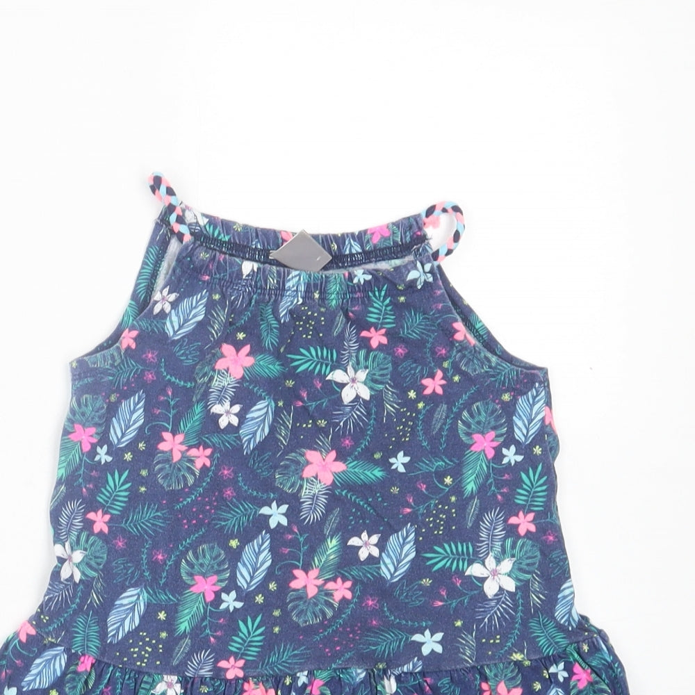 Little Kids Girls Blue Floral Cotton A-Line Size 3-4 Years Square Neck Pullover