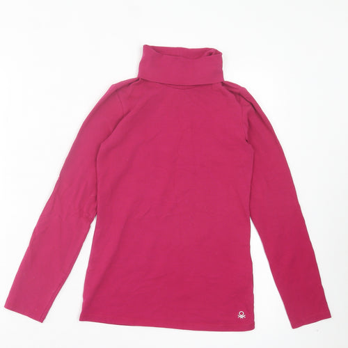 United Colors of Benetton Girls Pink Cotton Basic Casual Size 10-11 Years Roll Neck Pullover