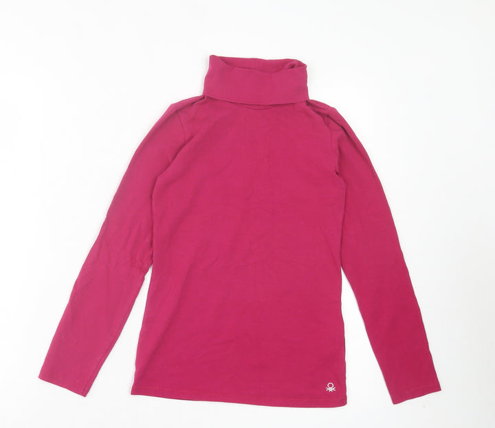 United Colors of Benetton Girls Pink Cotton Basic Casual Size 10-11 Years Roll Neck Pullover