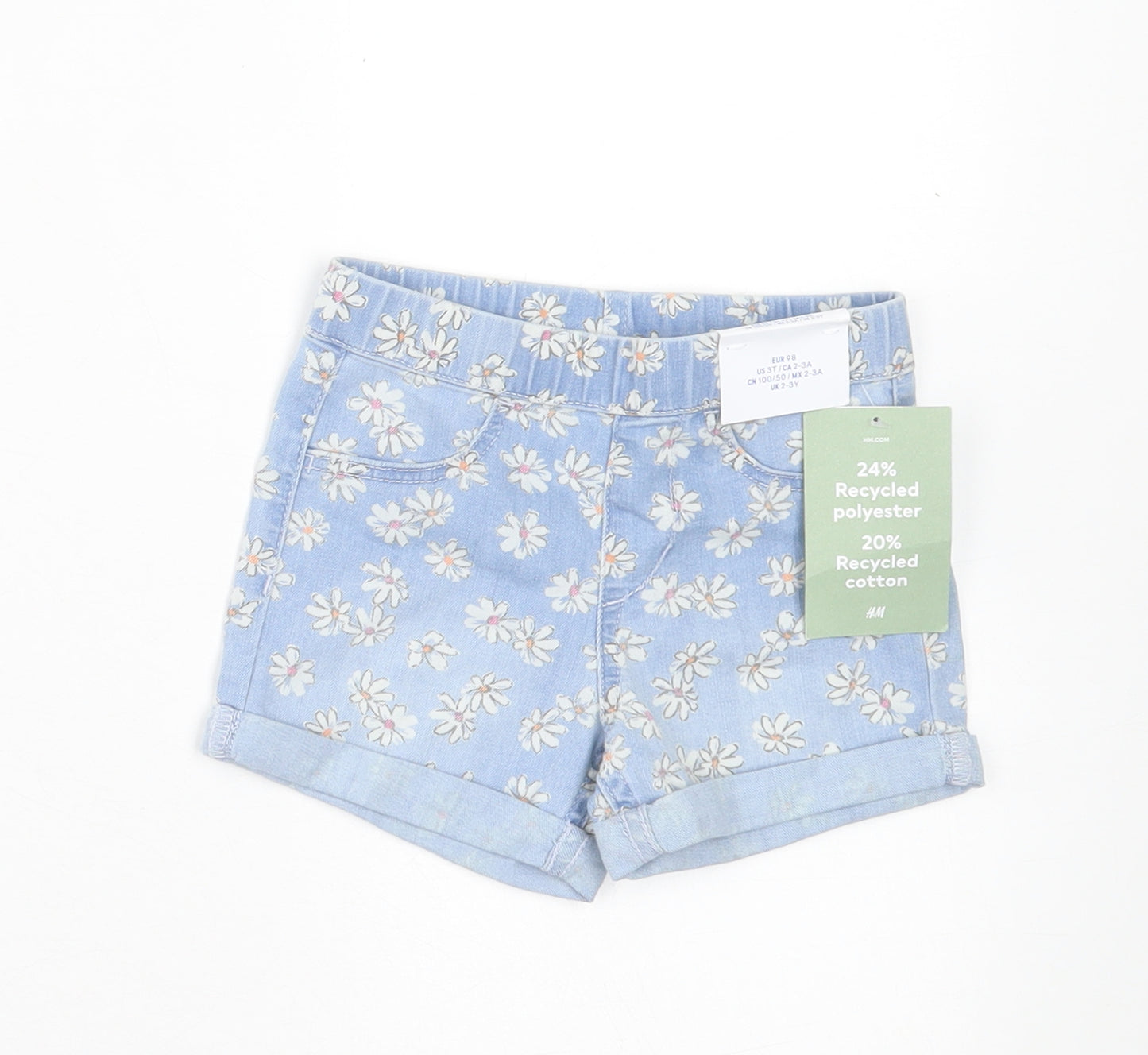 H&M Girls Blue Floral Cotton Boyfriend Shorts Size 2-3 Years Regular