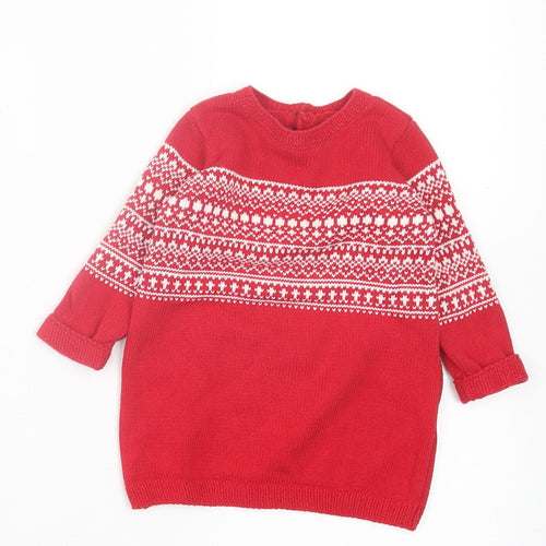 NEXT Girls Red Geometric Cotton Jumper Dress Size 3-6 Months Crew Neck Button