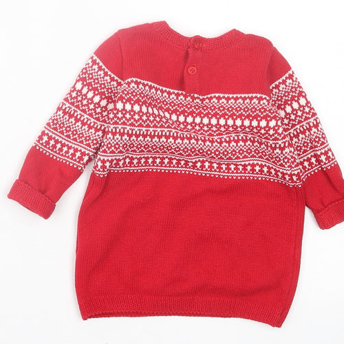 NEXT Girls Red Geometric Cotton Jumper Dress Size 3-6 Months Crew Neck Button