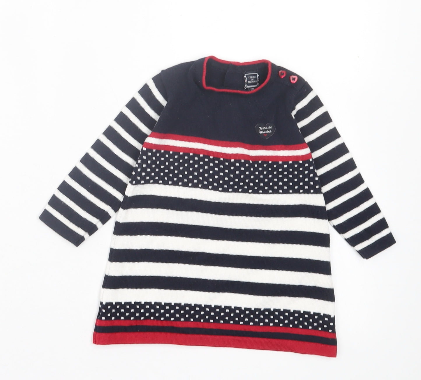 Terre de Marins Girls Black Striped Cotton Jumper Dress Size 3-6 Months Crew Neck Button