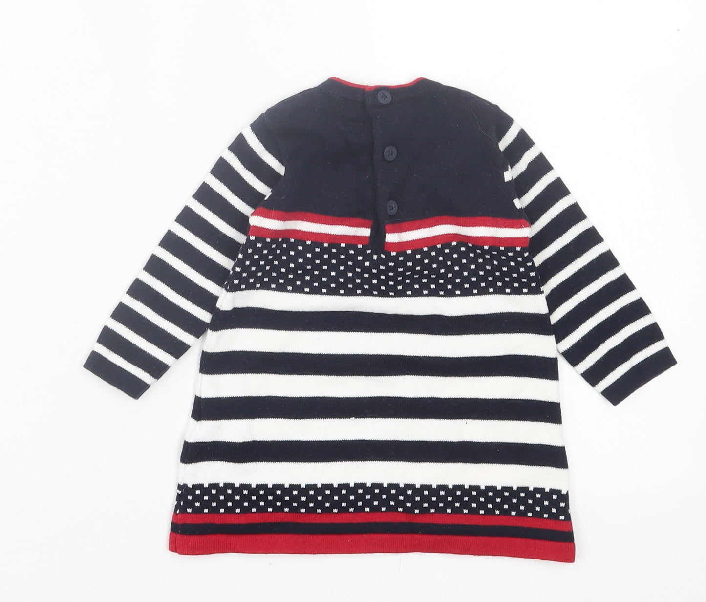 Terre de Marins Girls Black Striped Cotton Jumper Dress Size 3-6 Months Crew Neck Button