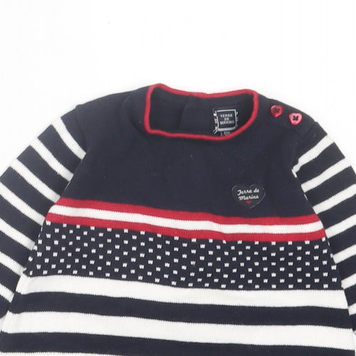 Terre de Marins Girls Black Striped Cotton Jumper Dress Size 3-6 Months Crew Neck Button