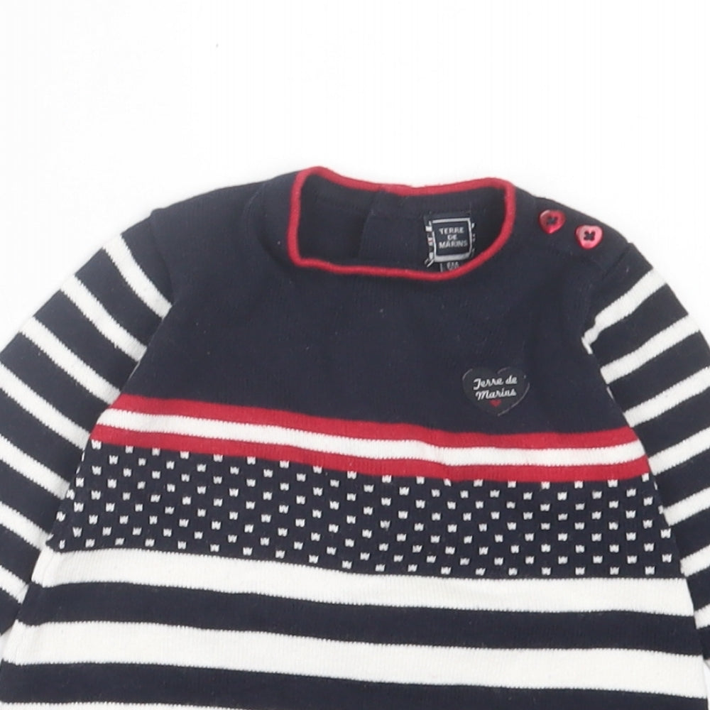 Terre de Marins Girls Black Striped Cotton Jumper Dress Size 3-6 Months Crew Neck Button