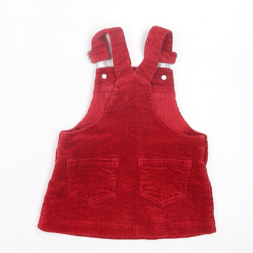 NEXT Girls Red Cotton Pinafore/Dungaree Dress Size 3-6 Months Square Neck Button