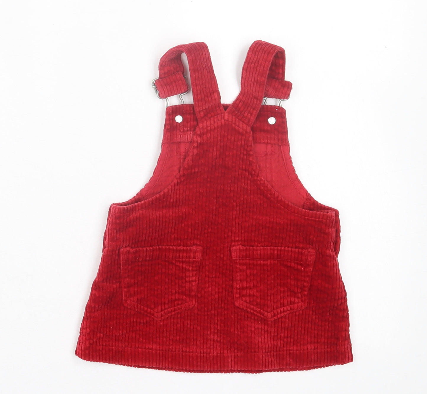 NEXT Girls Red Cotton Pinafore/Dungaree Dress Size 3-6 Months Square Neck Button