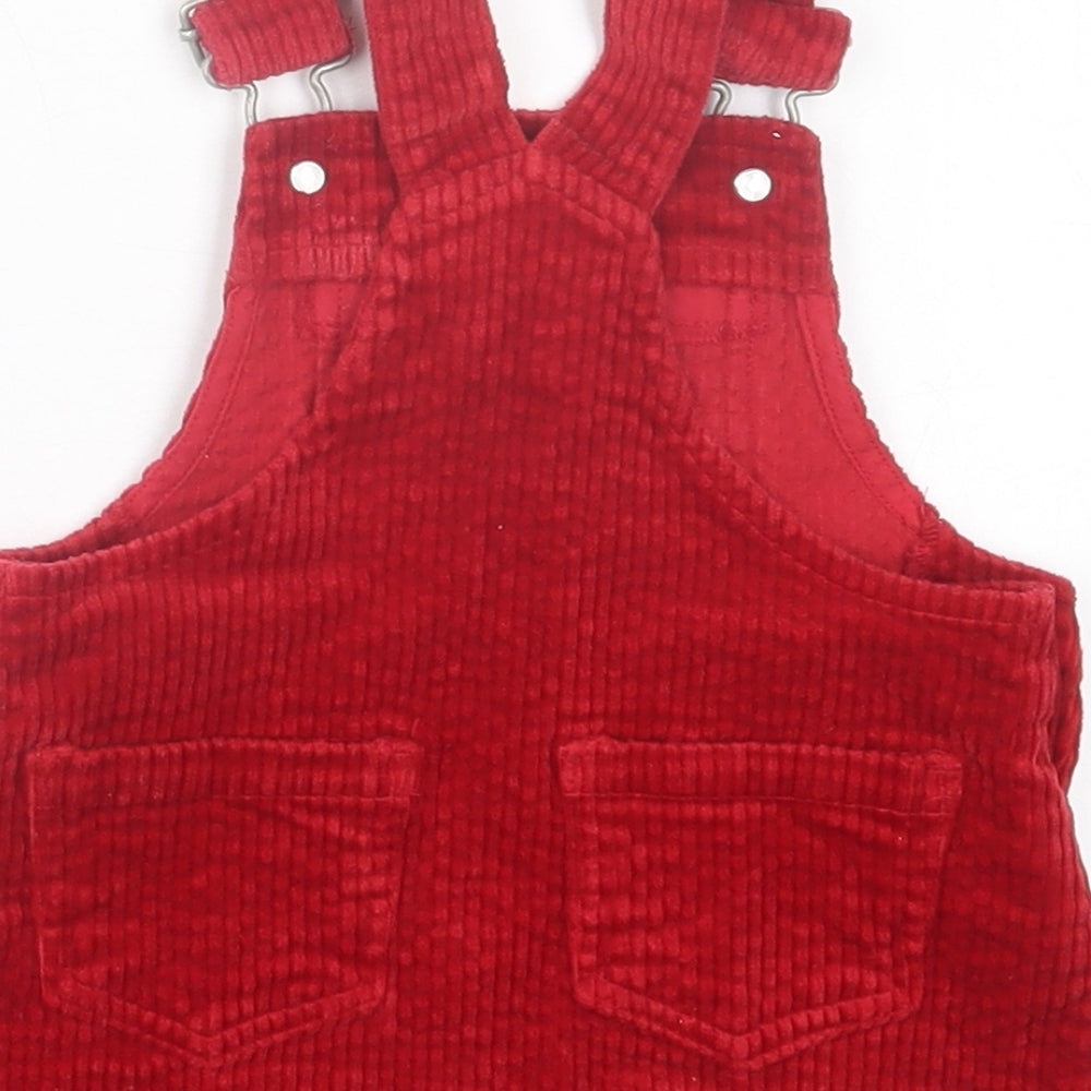NEXT Girls Red Cotton Pinafore/Dungaree Dress Size 3-6 Months Square Neck Button